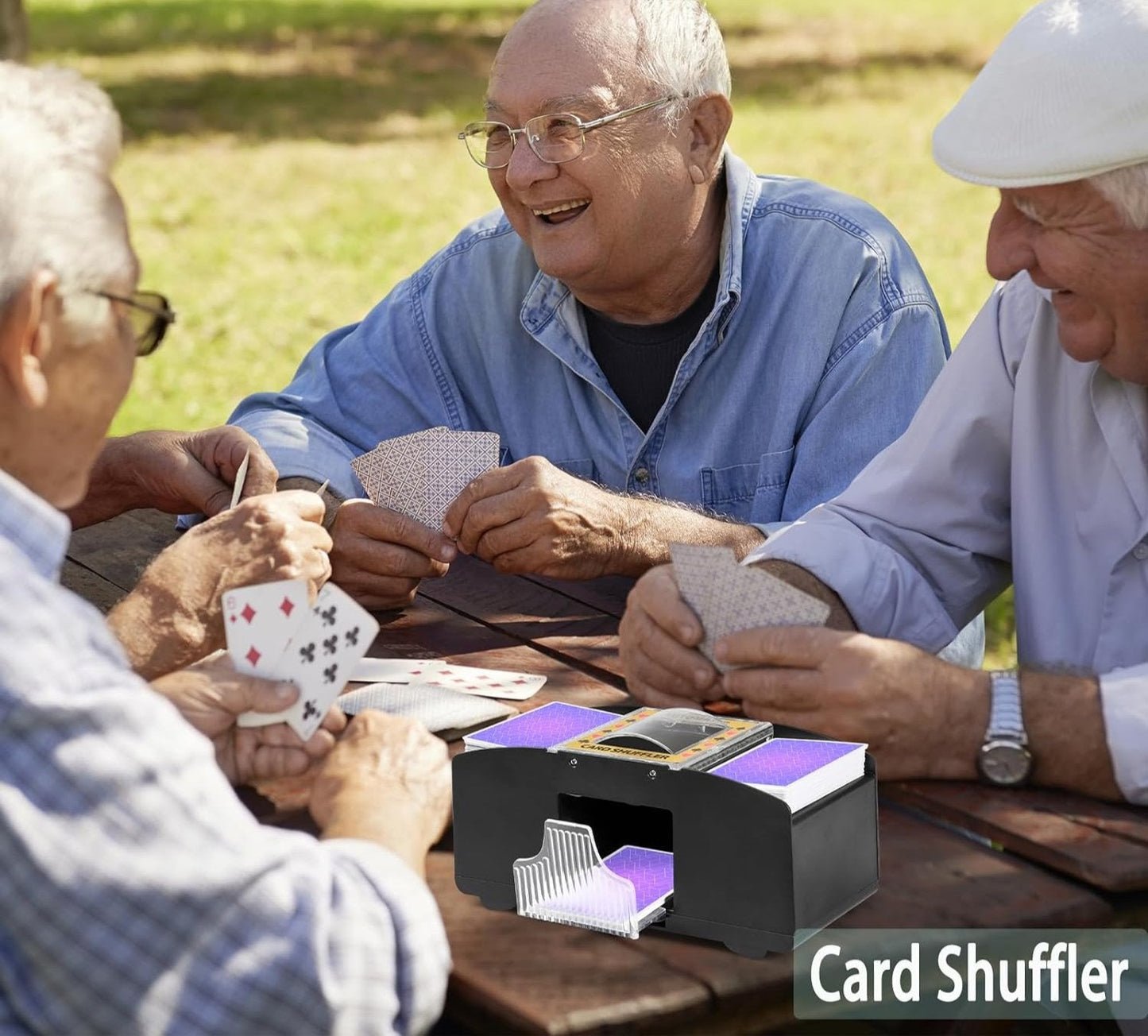 Battery Powered Card Shuffler with Two Deck Capacity and One Button Operation
