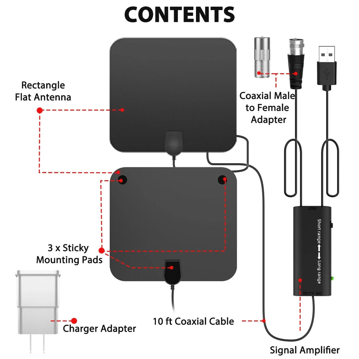 Indoor HDTV Antenna with 37dB Signal Amplifier and 10ft Coaxial Cable
