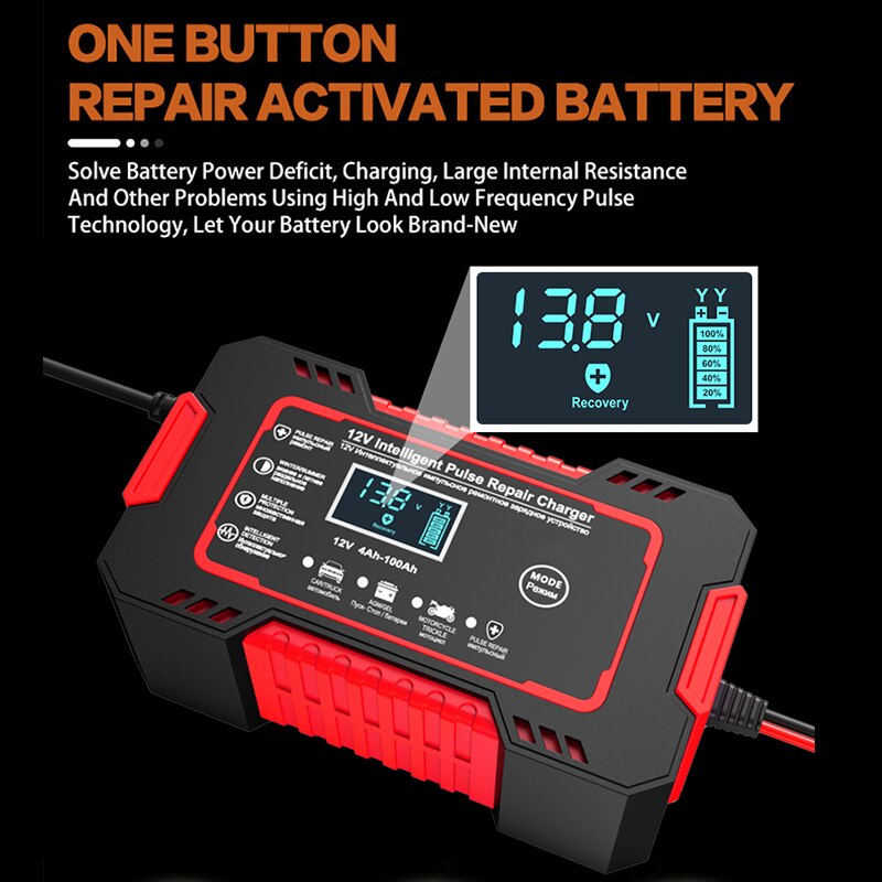 Intelligent Pulse Repair Charger with LCD Display and Multi-Battery Support for 12V Vehicles