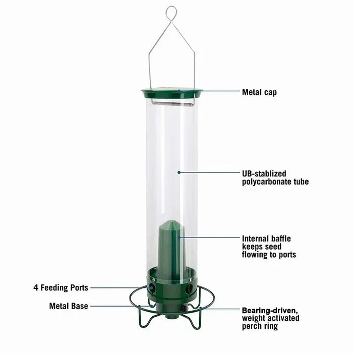 Hanging Bird Feeder with Weight-Activated Spinning Perch and Metal Construction