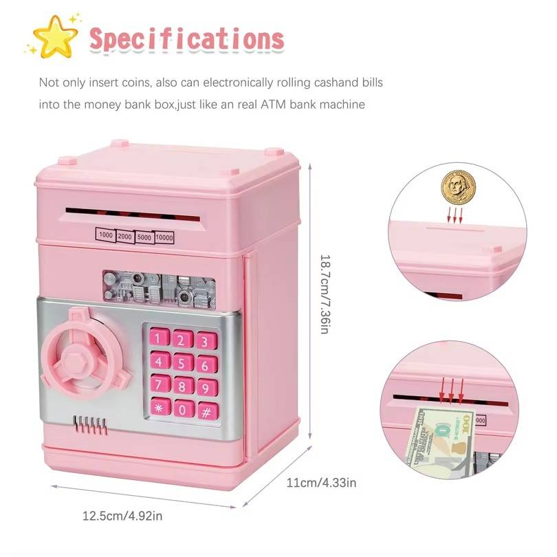 Electronic Piggy Bank with Automatic Bill Detection and Password Lock, Dual Language Audio