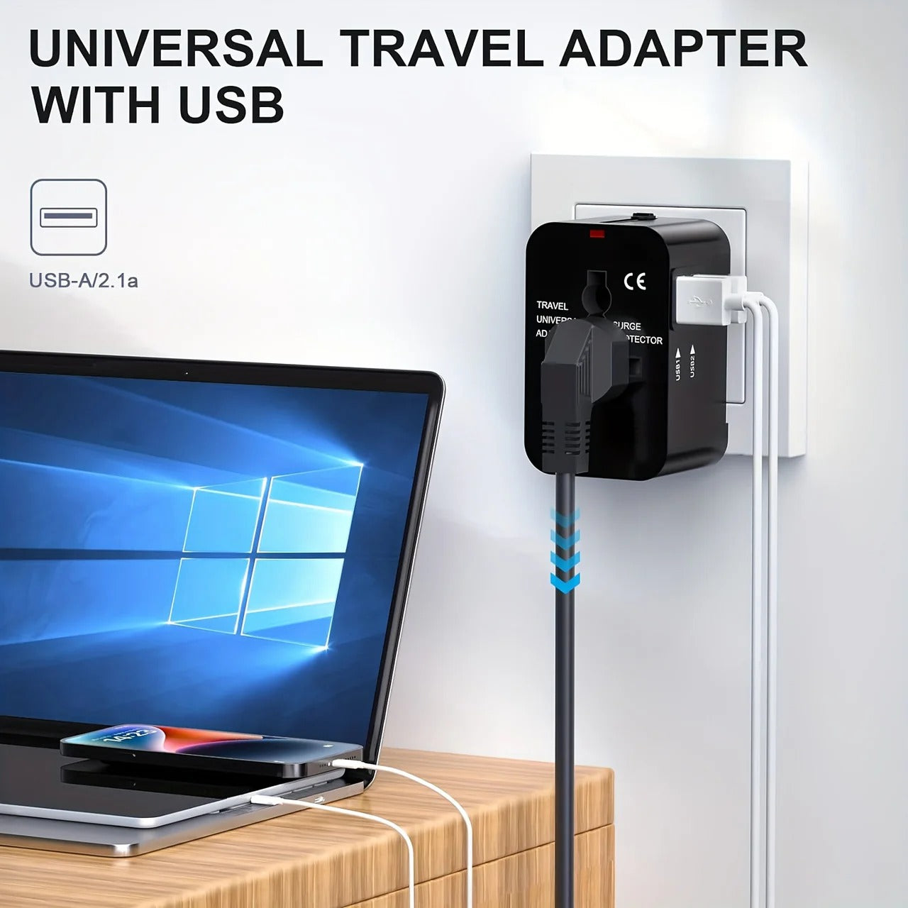 Universal Travel Adapter with Dual USB Ports and Auto Voltage Switching for 150+ Countries