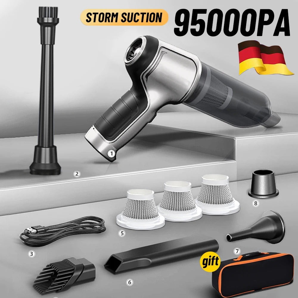 Cordless Car Vacuum with 95,000Pa Suction and Dual Cleaning Modes, 6 Accessories