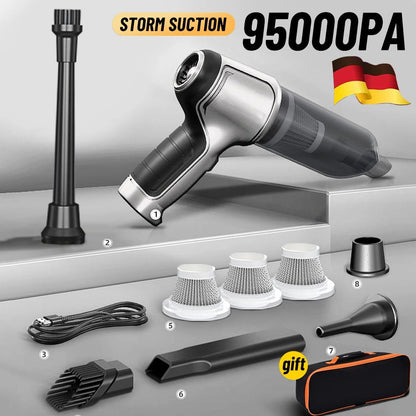 Cordless Car Vacuum with 95,000Pa Suction and Dual Cleaning Modes, 6 Accessories