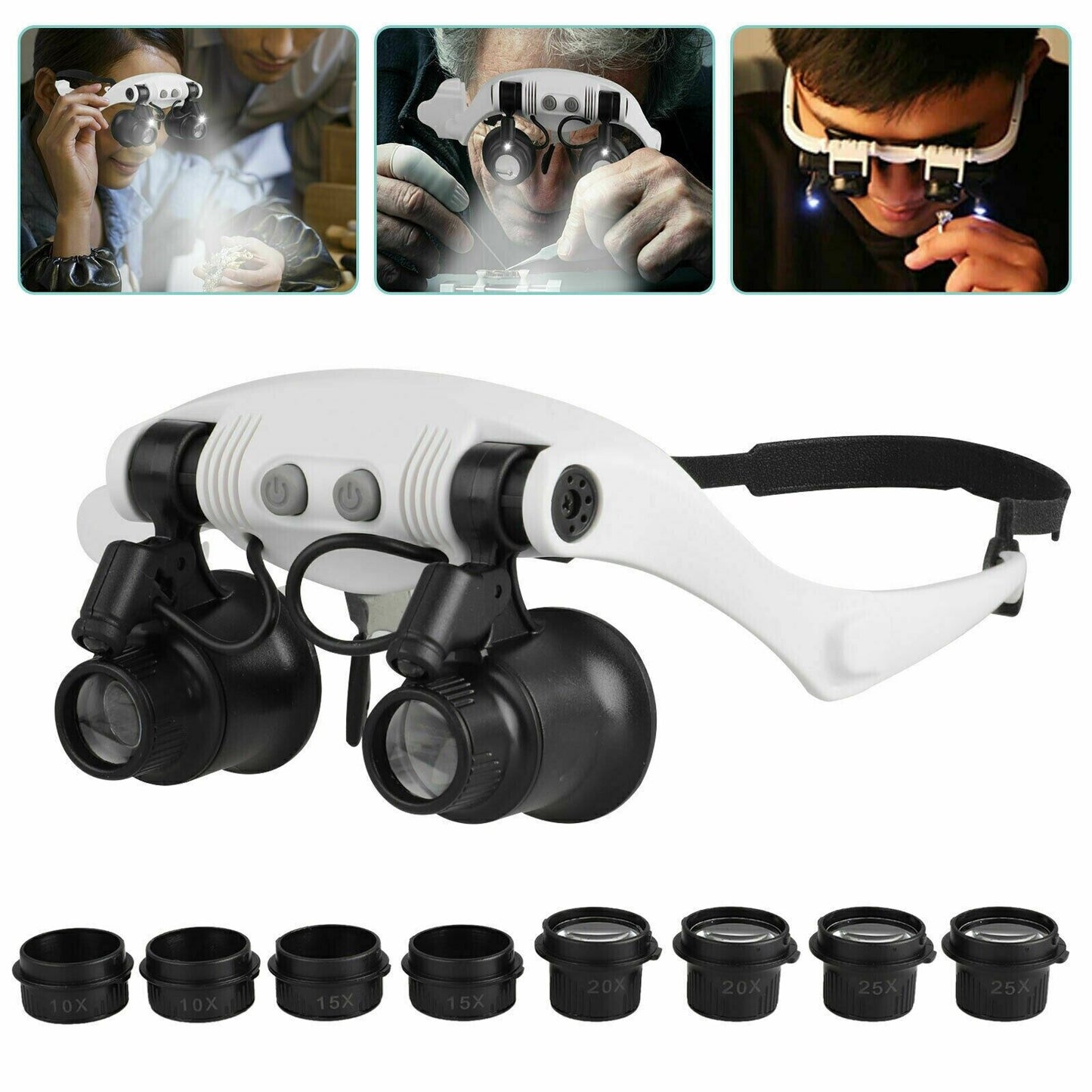Magnifying Headband with 4 Interchangeable Lens Pairs and LED Light for Jewelry Repair