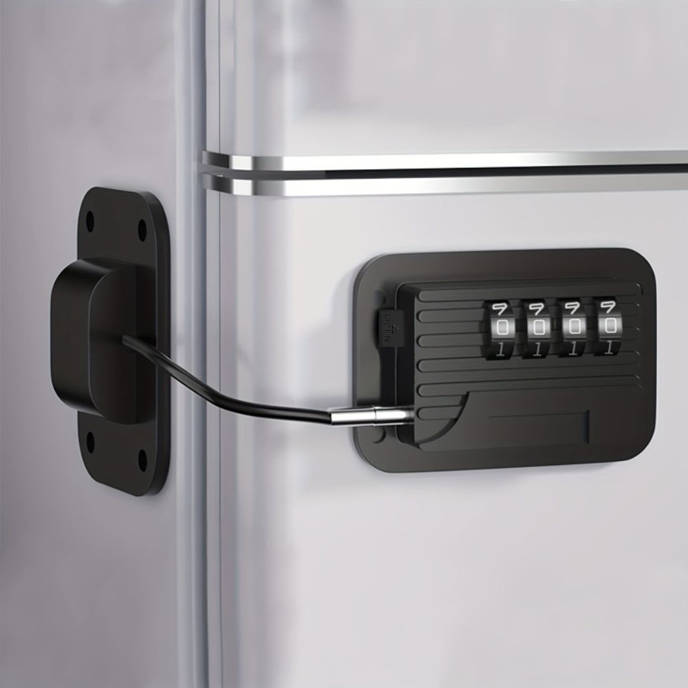 Password Protected Refrigerator Lock with Adjustable Strap and Adhesive Mount