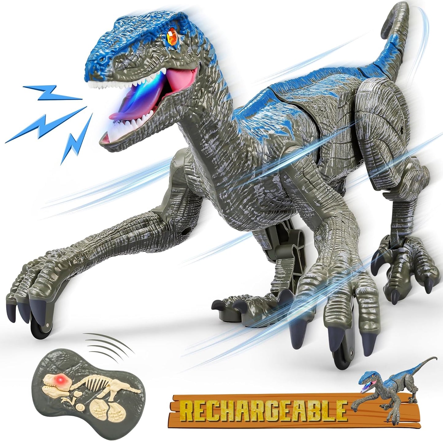 Walking Velociraptor Dinosaur Toy with Wireless Remote and Roaring Sounds