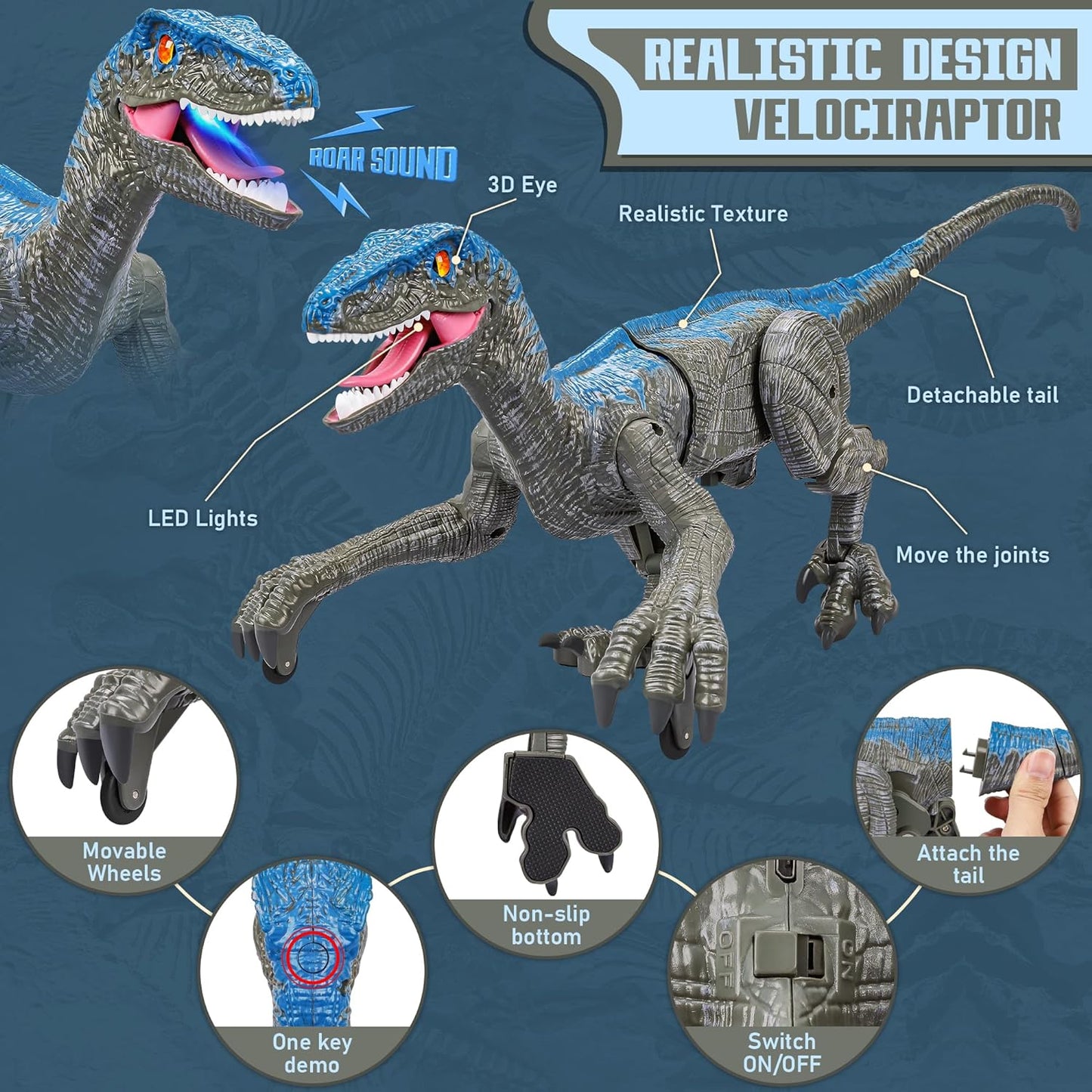 Walking Velociraptor Dinosaur Toy with Wireless Remote and Roaring Sounds