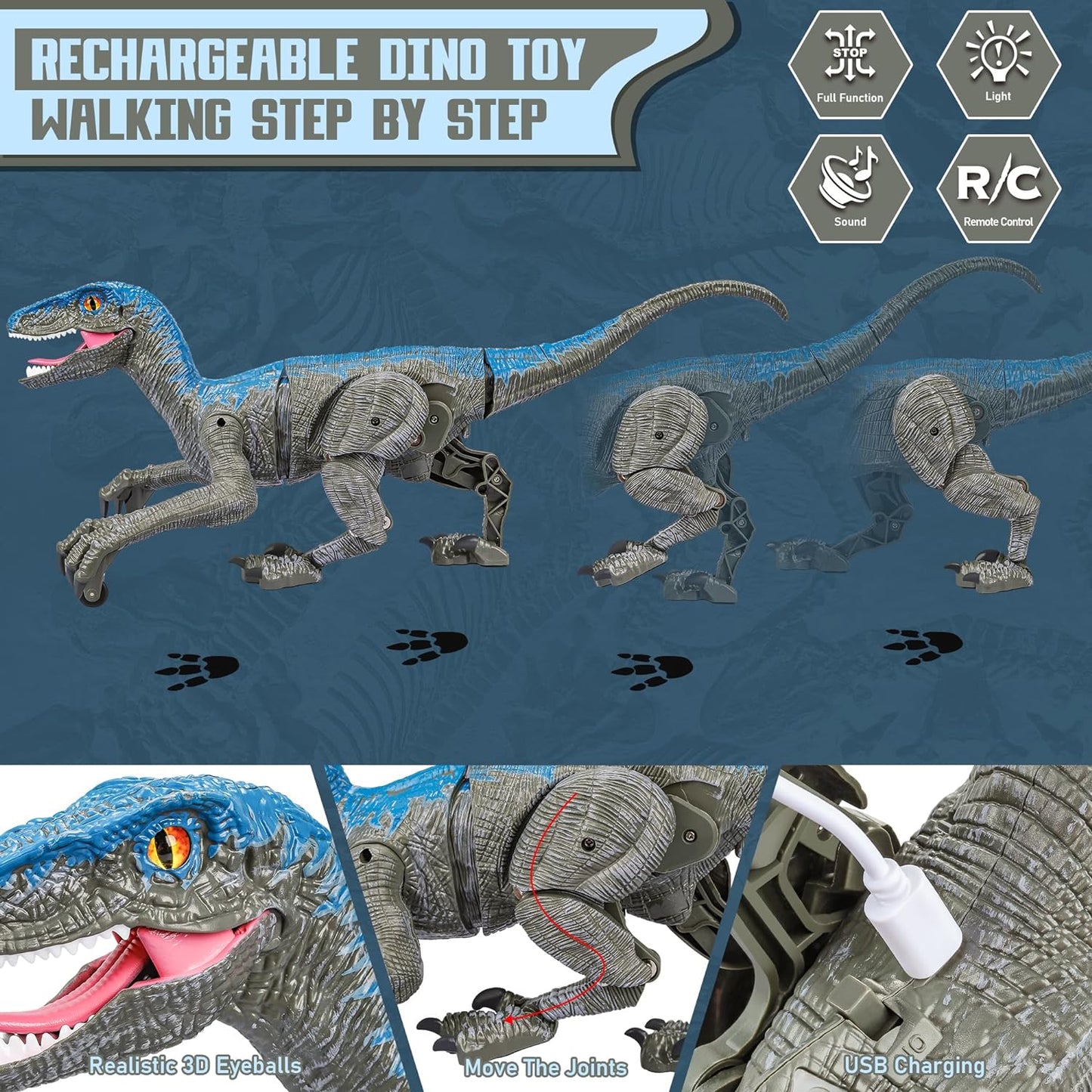 Walking Velociraptor Dinosaur Toy with Wireless Remote and Roaring Sounds