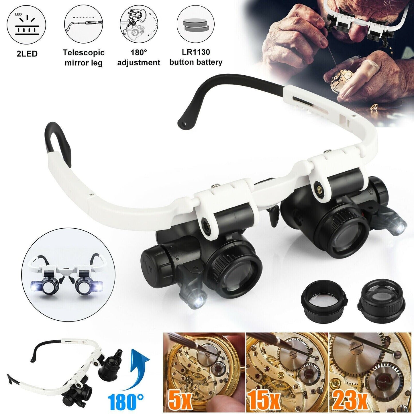 Magnifying Headband with 4 Interchangeable Lens Pairs and LED Light for Jewelry Repair