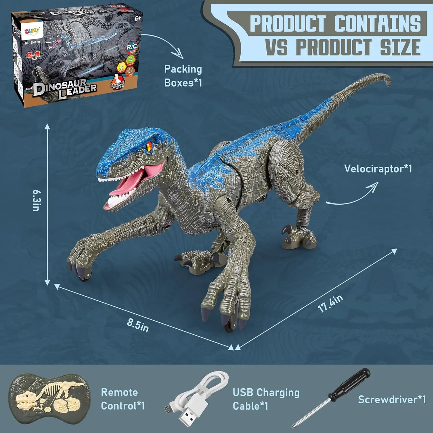 Walking Velociraptor Dinosaur Toy with Wireless Remote and Roaring Sounds