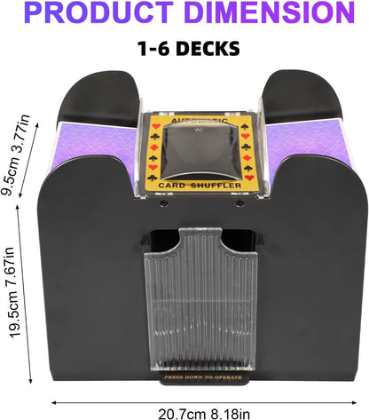 Battery Powered Card Shuffler with Two Deck Capacity and One Button Operation