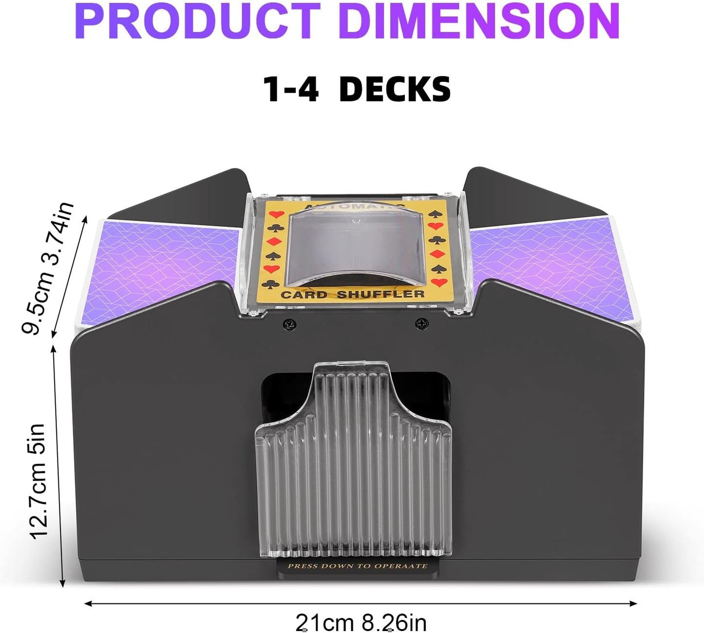 Battery Powered Card Shuffler with Two Deck Capacity and One Button Operation