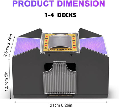Battery Powered Card Shuffler with Two Deck Capacity and One Button Operation