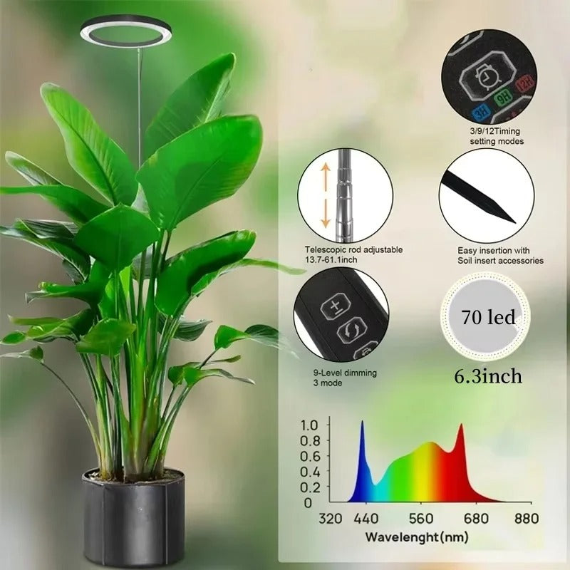 LED Ring Grow Light with Adjustable Height and Automatic Timer, 160 Full Spectrum Bulbs