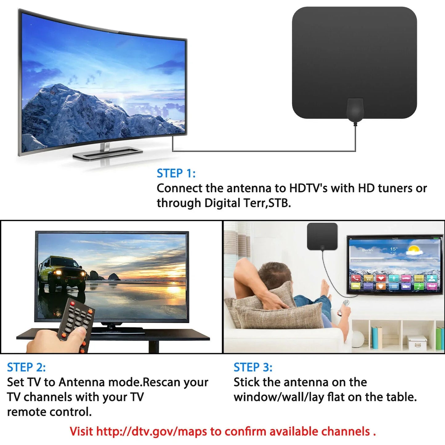 Indoor HDTV Antenna with 37dB Signal Amplifier and 10ft Coaxial Cable