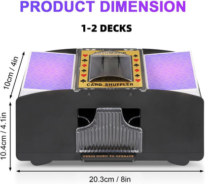 Battery Powered Card Shuffler with Two Deck Capacity and One Button Operation