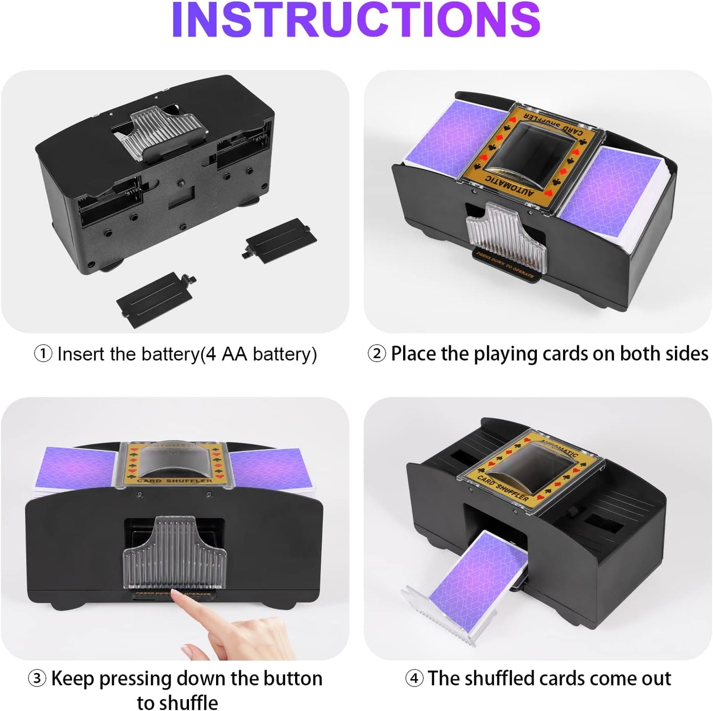 Battery Powered Card Shuffler with Two Deck Capacity and One Button Operation