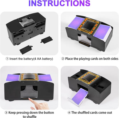 Battery Powered Card Shuffler with Two Deck Capacity and One Button Operation