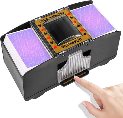 Battery Powered Card Shuffler with Two Deck Capacity and One Button Operation