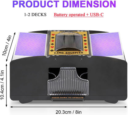 Battery Powered Card Shuffler with Two Deck Capacity and One Button Operation