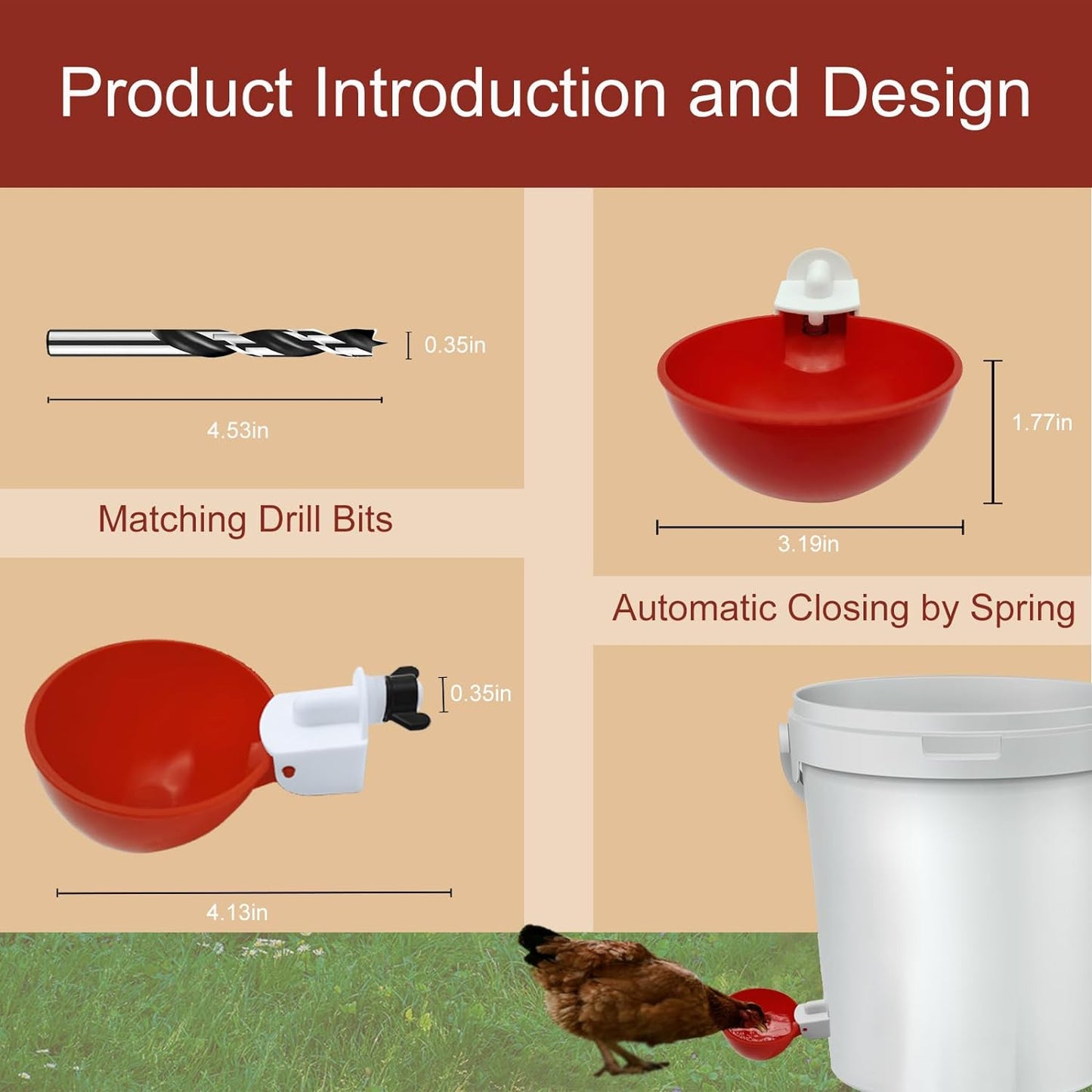Automatic Gravity Chicken Waterer with Spring Valve and Dual Seals, 10-Pack