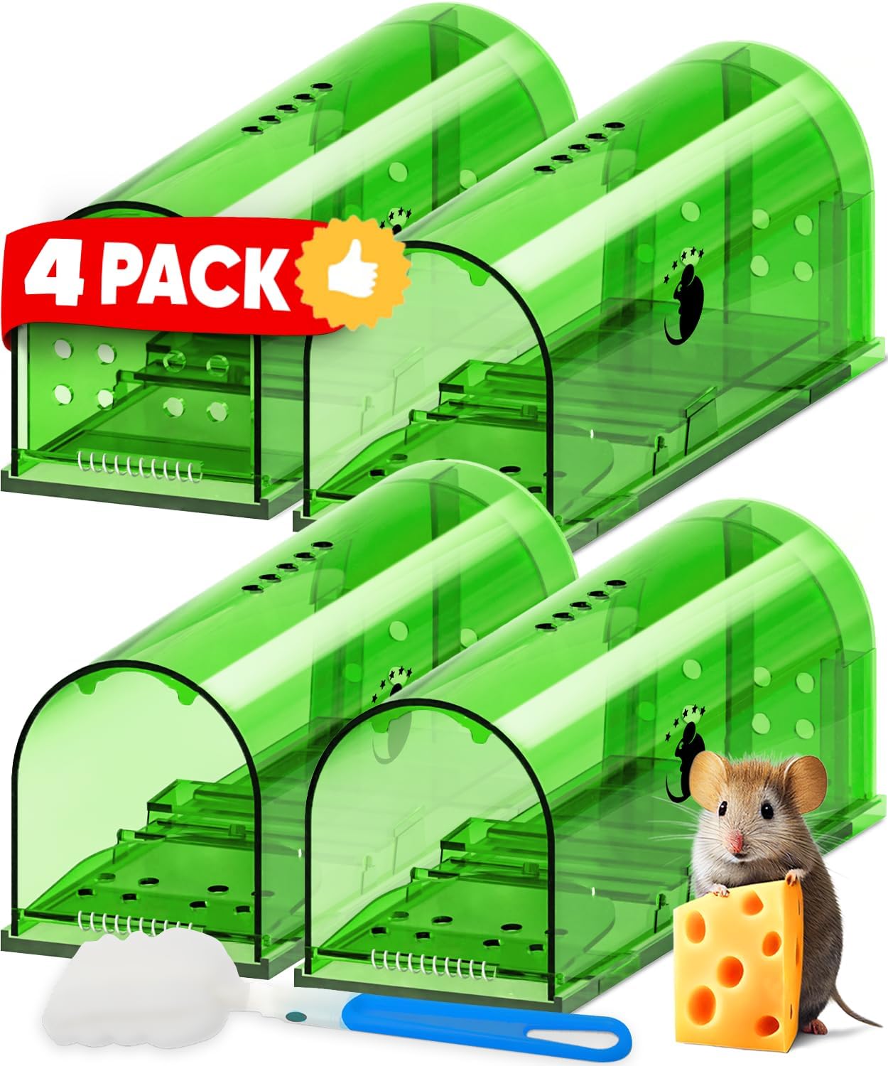 Live Catch Mouse Trap with Clear Viewing Window and Pivot Door, 4-Pack