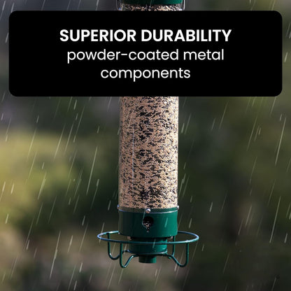 Hanging Bird Feeder with Weight-Activated Spinning Perch and Metal Construction