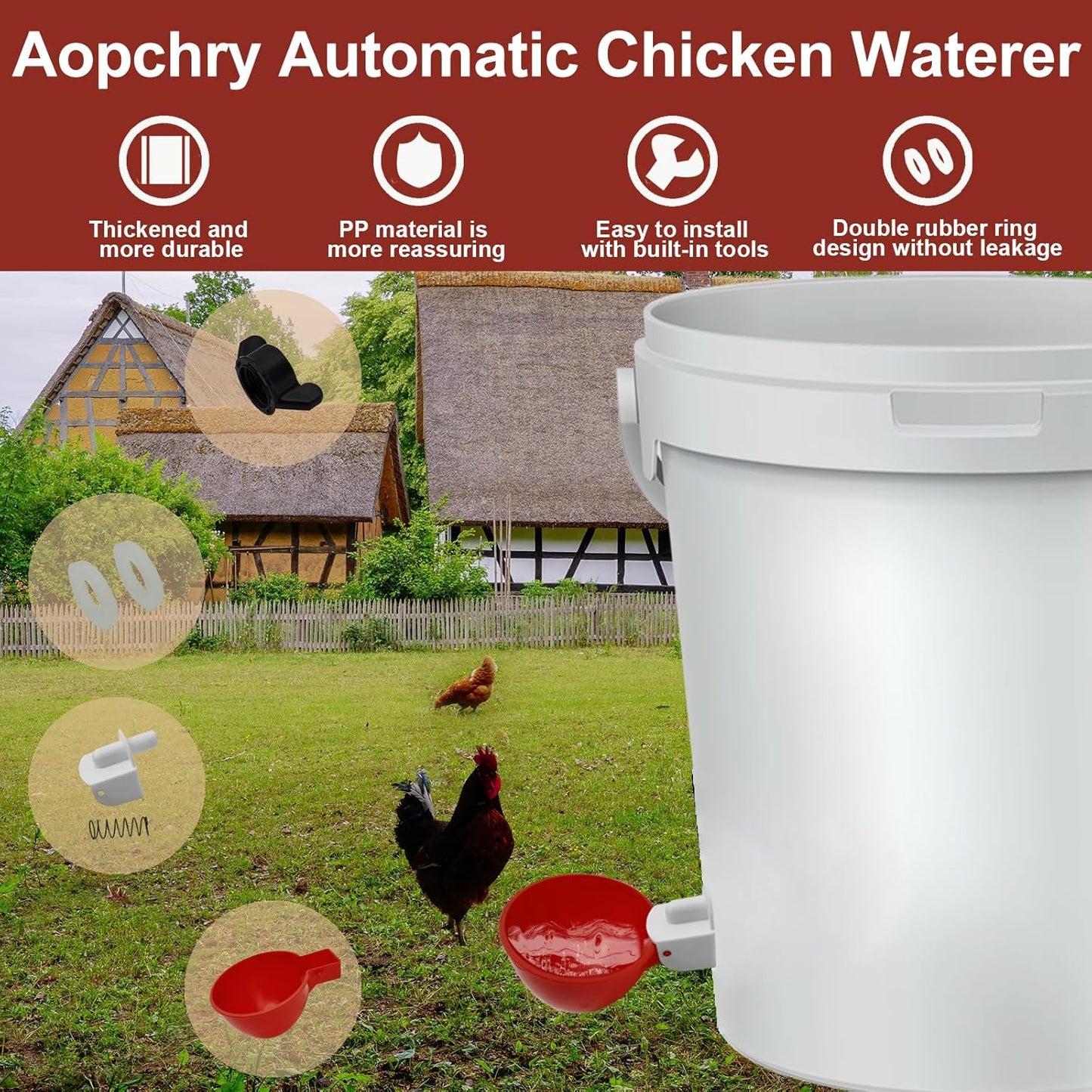 Automatic Gravity Chicken Waterer with Spring Valve and Dual Seals, 10-Pack