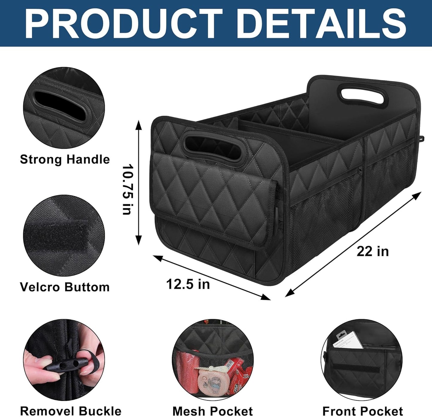 Foldable Car Trunk Organizer with Adjustable Compartments and Grip Bottom, 50L Capacity