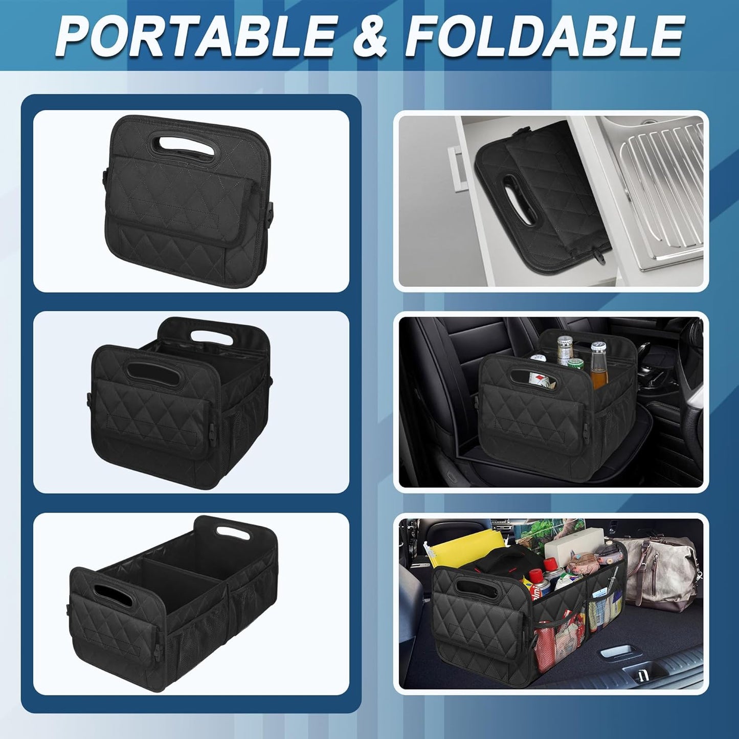 Foldable Car Trunk Organizer with Adjustable Compartments and Grip Bottom, 50L Capacity