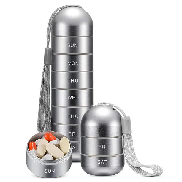 Aluminum Weekly Pill Organizer with Silicone Seals and Stackable Compartments