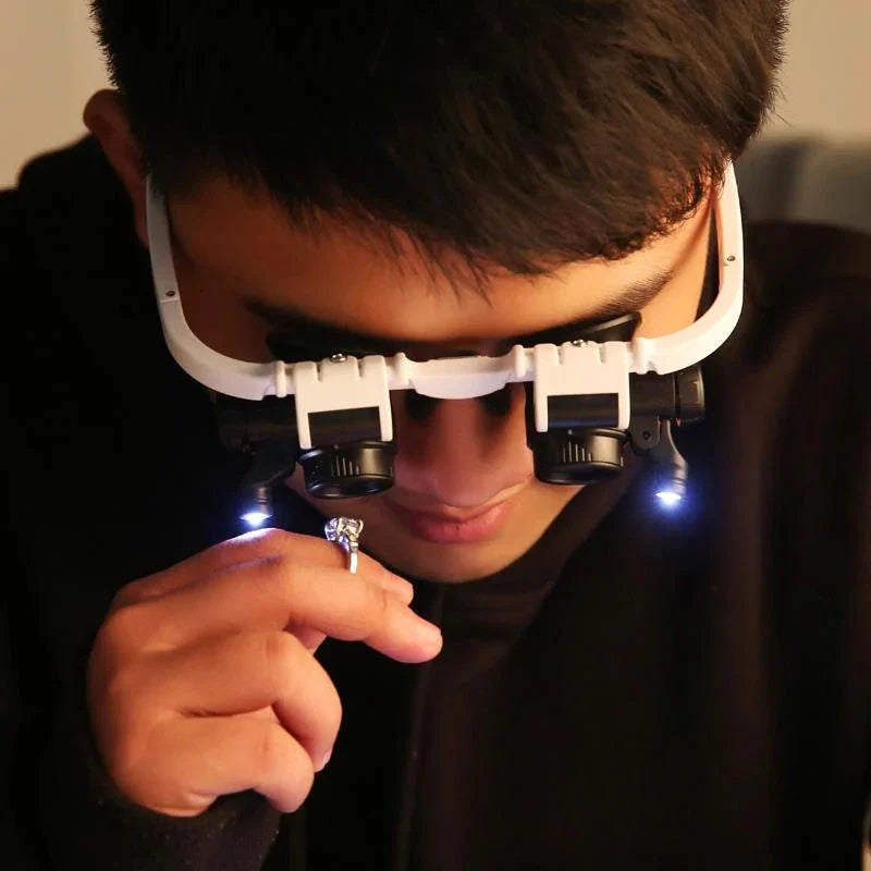 Head Mounted Magnifier with Dual LED Lights and Interchangeable Lenses, 8x 15x 23x