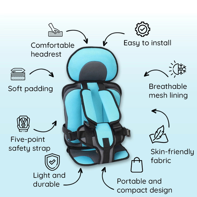 Child Car Seat Cushion with Five Point Safety Strap and Breathable Mesh Lining