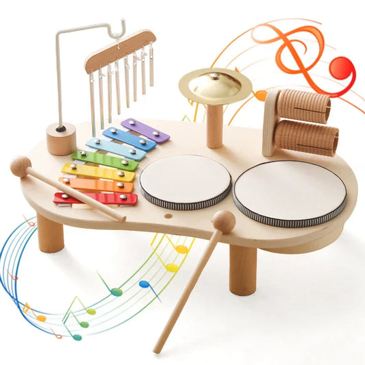 Wooden Drum and Xylophone Music Station with Five Instruments for Toddlers