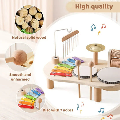 Wooden Drum and Xylophone Music Station with Five Instruments for Toddlers