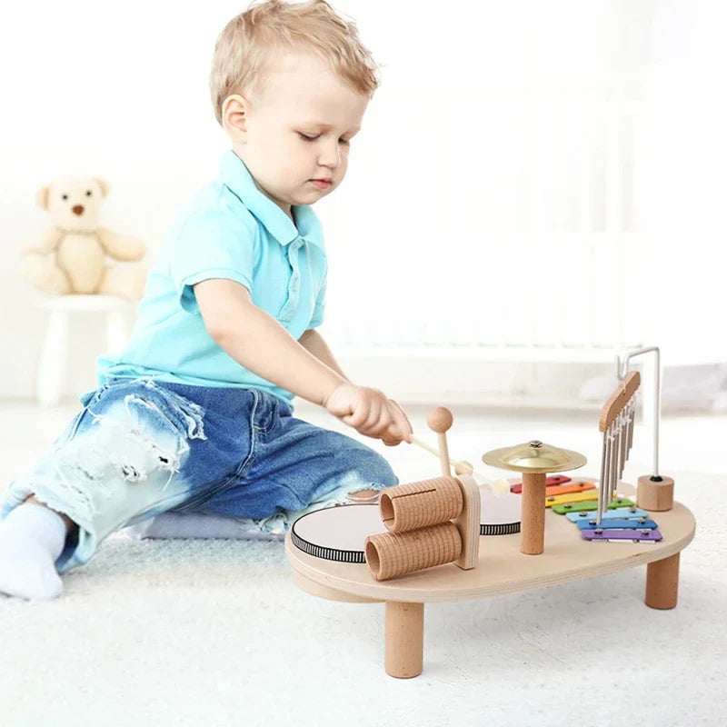 Wooden Drum and Xylophone Music Station with Five Instruments for Toddlers