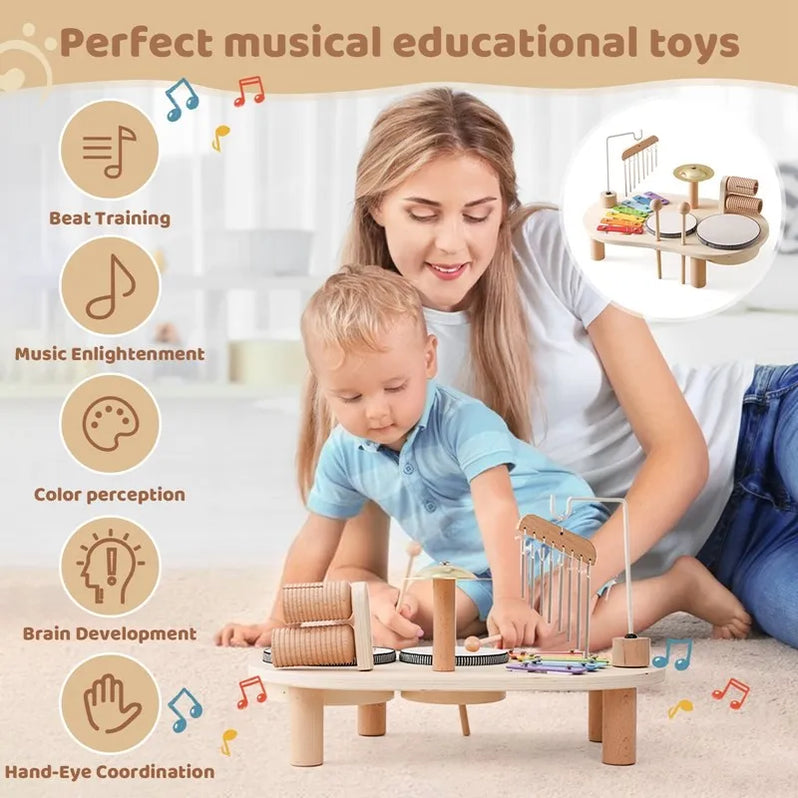 Wooden Drum and Xylophone Music Station with Five Instruments for Toddlers