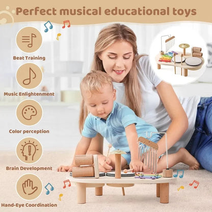 Wooden Drum and Xylophone Music Station with Five Instruments for Toddlers