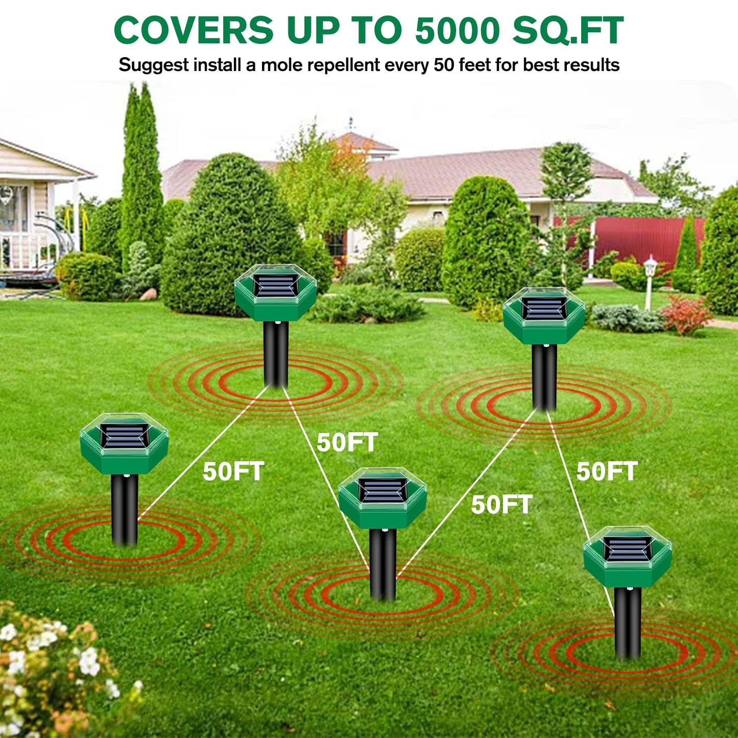 Solar Mole Repeller with Ultrasonic Vibration and Rechargeable Battery, 4-Pack