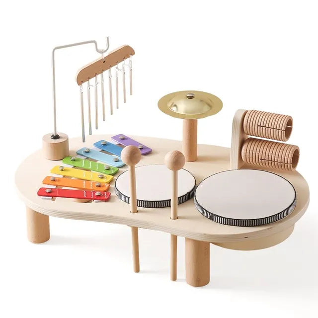 Wooden Drum and Xylophone Music Station with Five Instruments for Toddlers