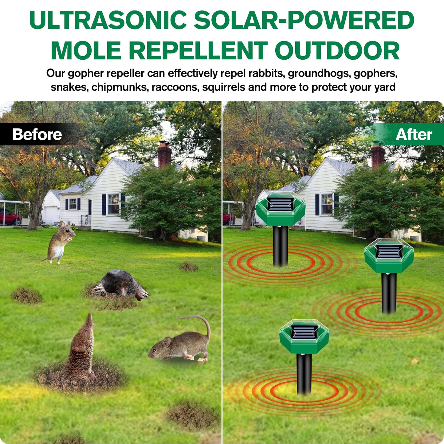 Solar Mole Repeller with Ultrasonic Vibration and Rechargeable Battery, 4-Pack