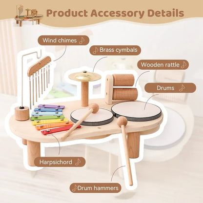 Wooden Drum and Xylophone Music Station with Five Instruments for Toddlers