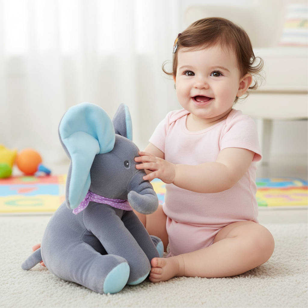 Interactive Plush Elephant with Peekaboo Ears and Two Songs for Toddlers