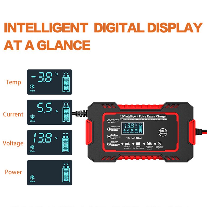 Intelligent Pulse Repair Charger with LCD Display and Multi-Battery Support for 12V Vehicles
