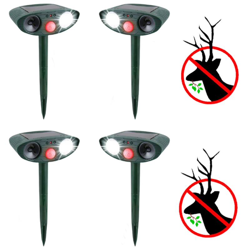 Solar Powered Ultrasonic Animal Repeller with Motion Detection and Flashing Light, Set of 4