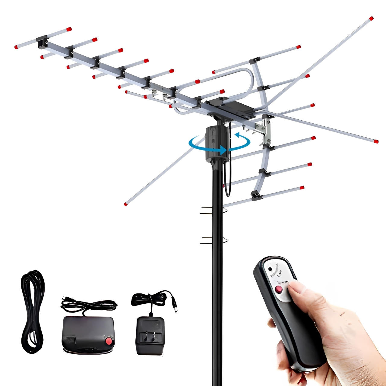 Motorized Outdoor TV Antenna with 360 Degree Rotation and Interference Filter, 33ft Cable