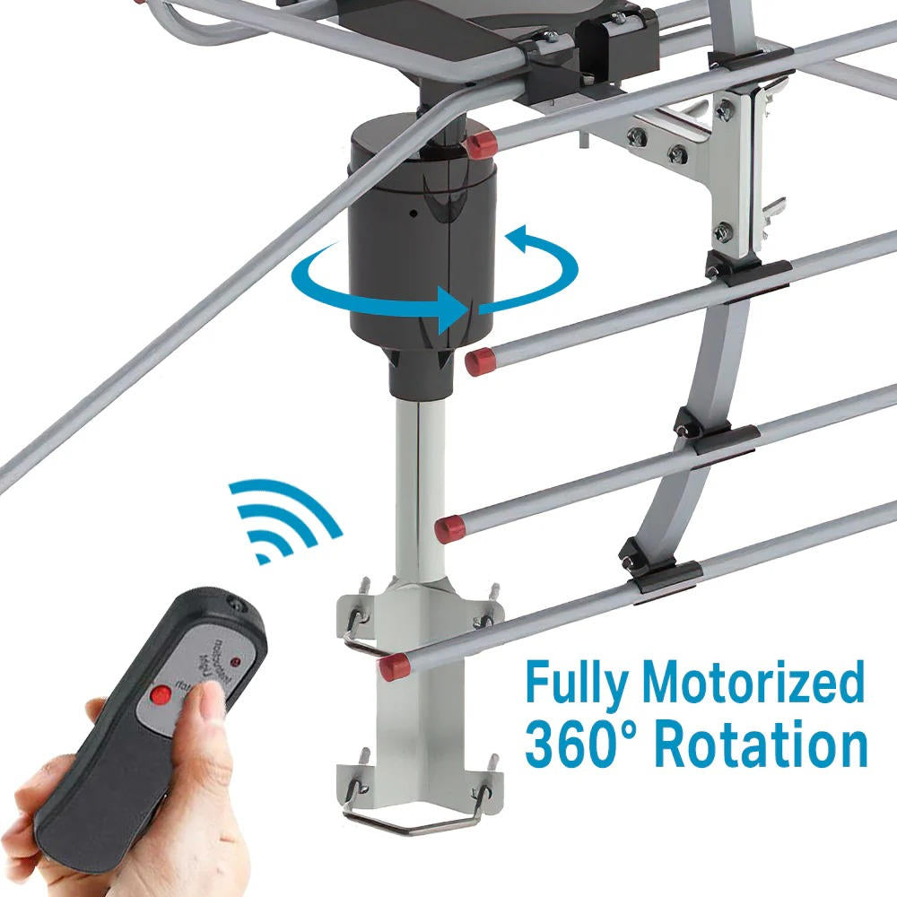 Motorized Outdoor TV Antenna with 360 Degree Rotation and Interference Filter, 33ft Cable