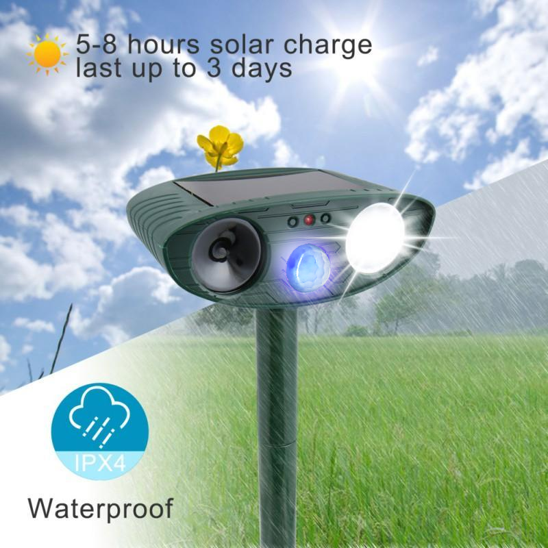 Solar Powered Ultrasonic Animal Repeller with Motion Detection and Flashing Light, Set of 4