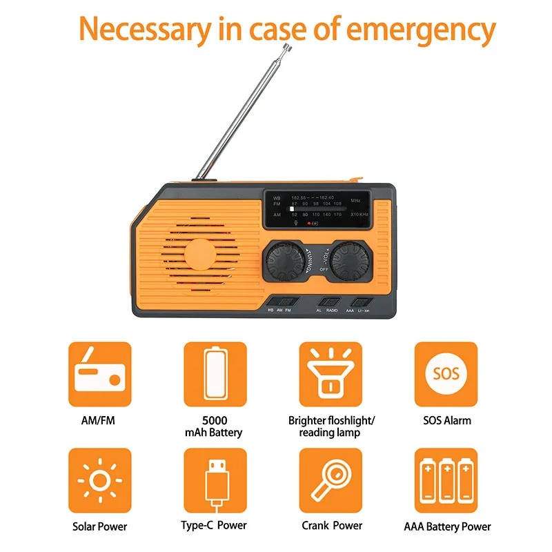 Emergency Radio with Solar Panel and Hand Crank, AM/FM/Weather Band, 5000mAh Power Bank